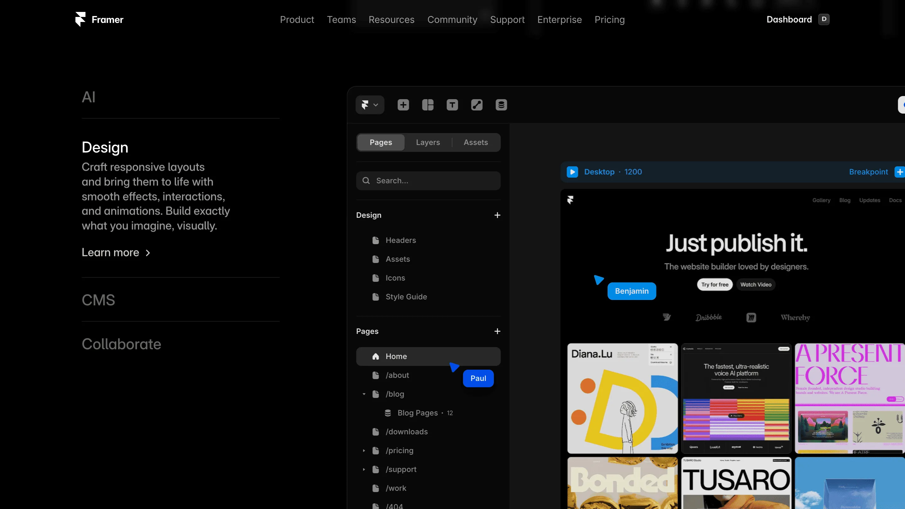 Screen z webových stránek z platfromy Framer