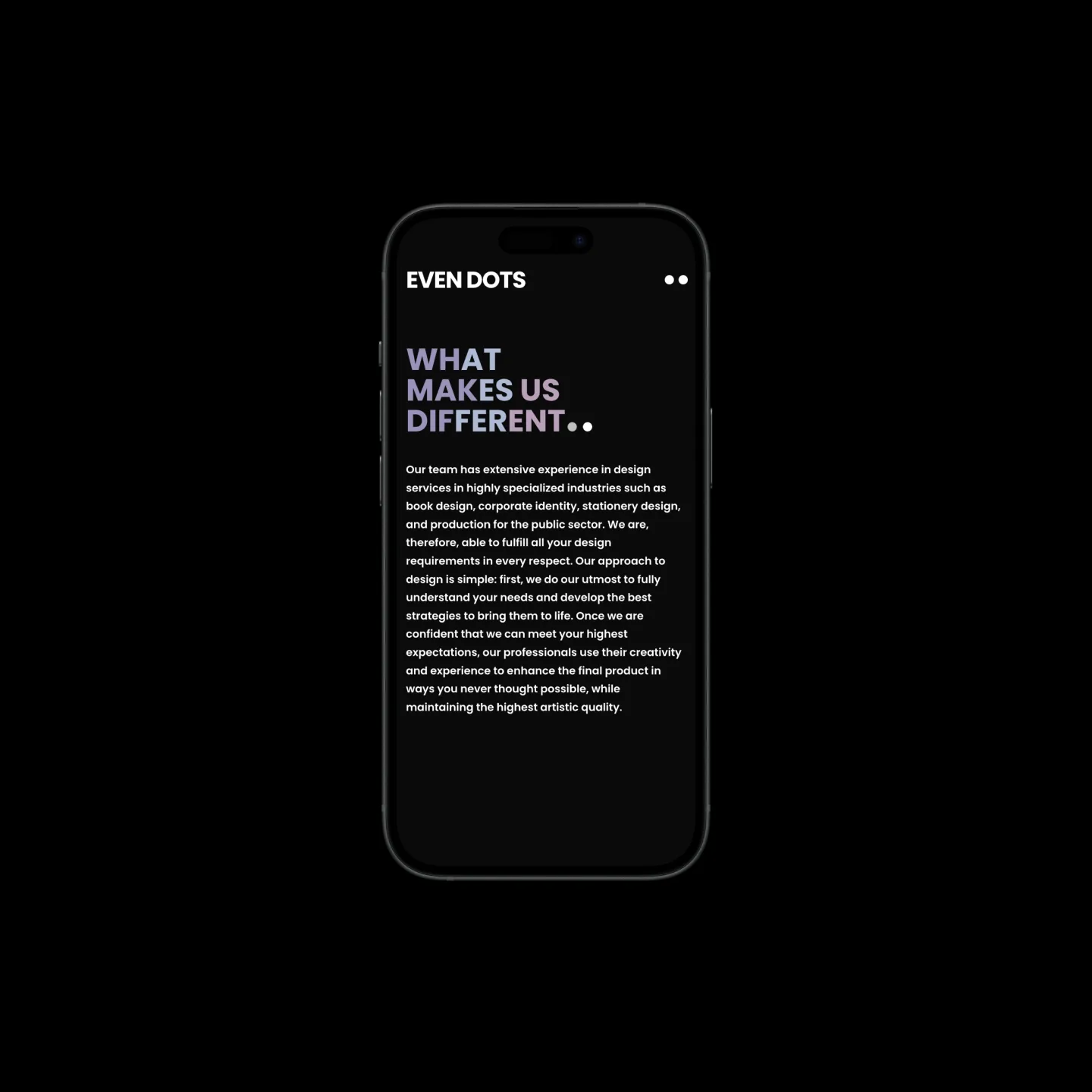 EVEN DOTS — mobilní zobrazení sekce „What makes us different“