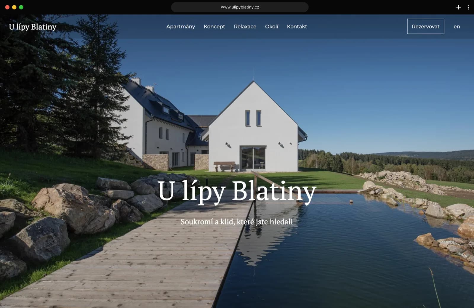 U lípy Blatiny — úvodní stránka webu v prohlížeči